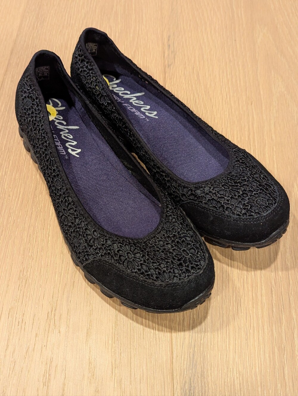 Skechers Black Floral Crochet Slip-On Ballet Flats